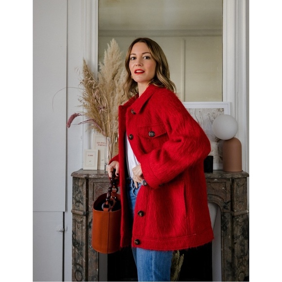 Sezane Jacket Alda Wool Mohair Alpaca Shacket Fuzzy Winter Fall Red 42 GUC - Picture 1 of 11